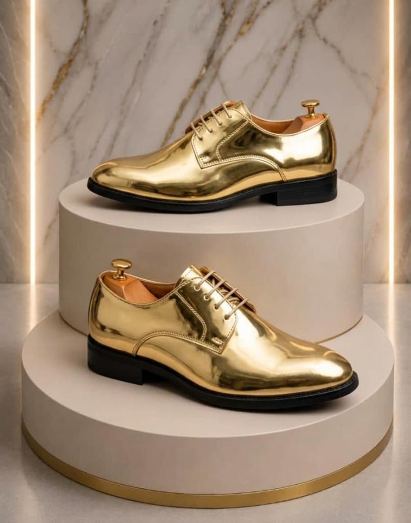 Gold derby shoes on a marble podium, enhanced by OmniChat